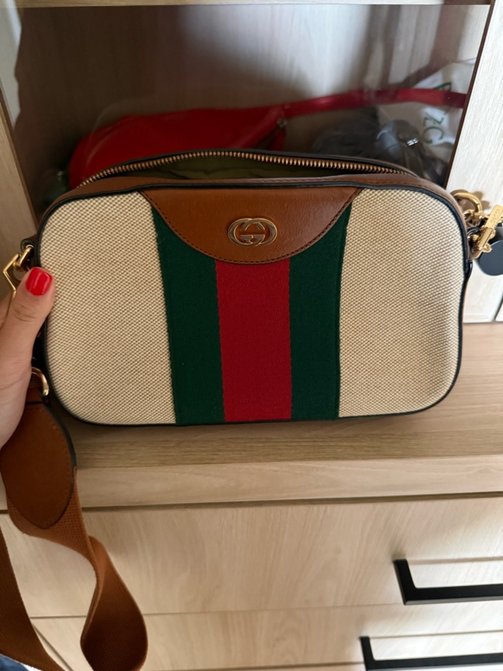 Gucci Canvas Crossbody with Green and Red Web Stripe and Brown Leather Trim